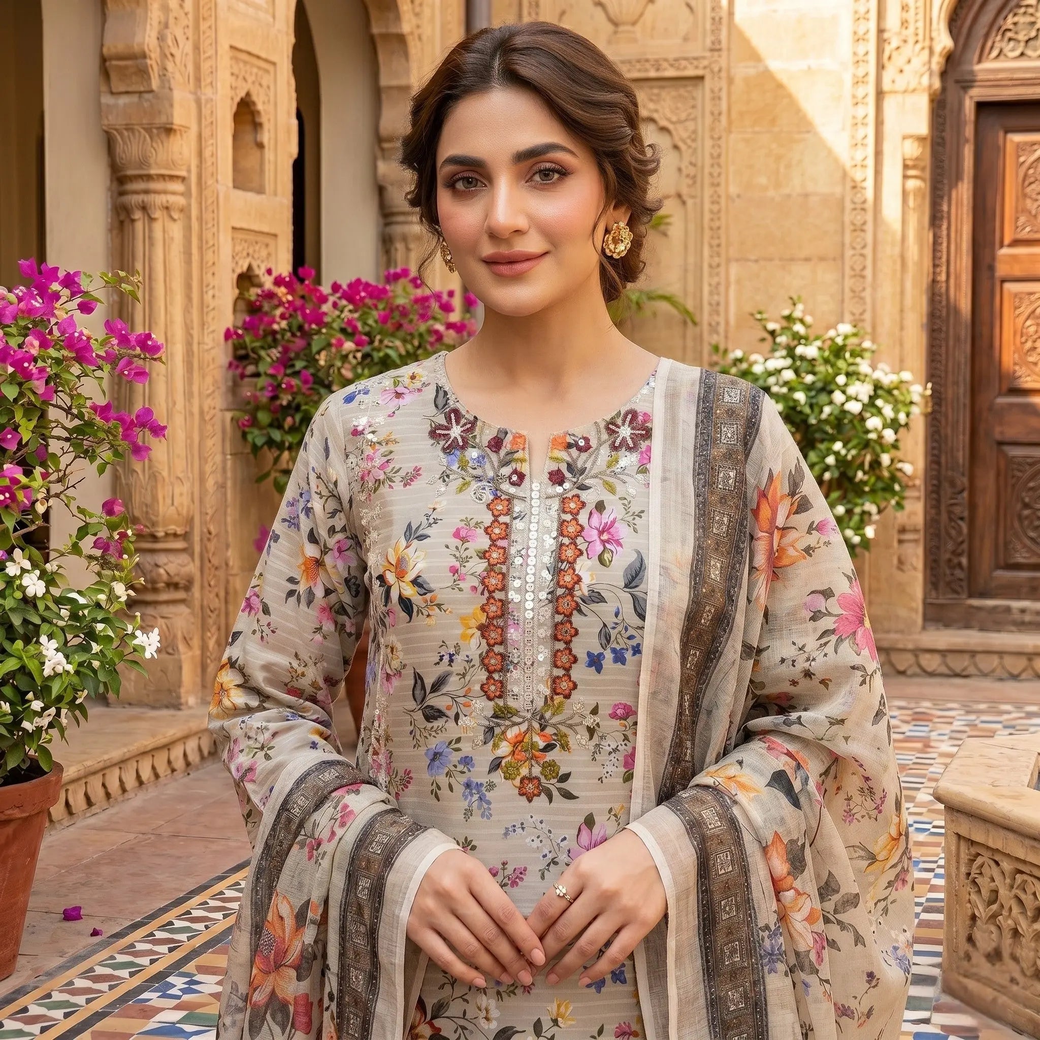 The Heritage Taupe Floral Ensemble | Premium 3 Piece Suit ABHSILA