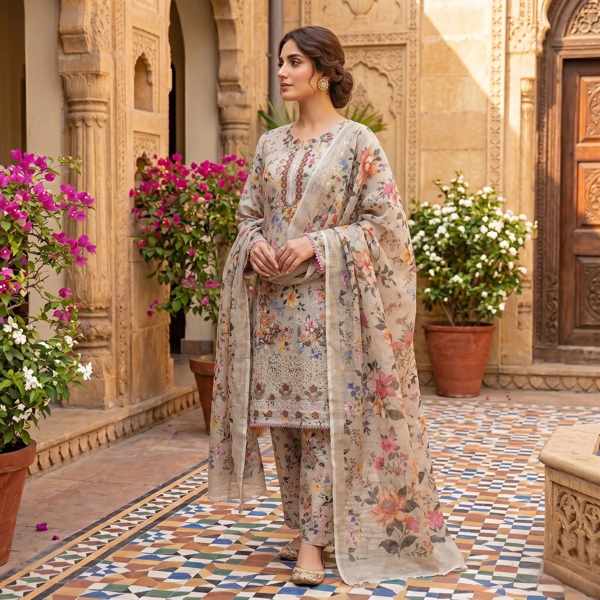 The Heritage Taupe Floral Ensemble | Premium 3 Piece Suit ABHSILA